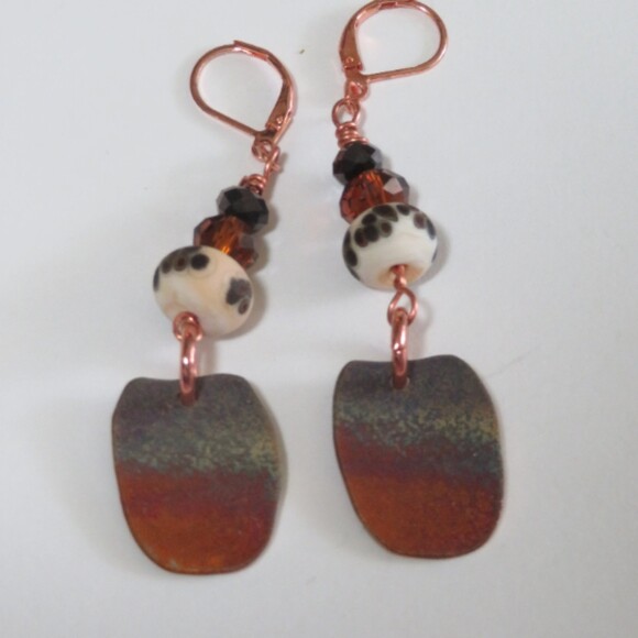 Leopard Face Earrings copper wirewrapped with leopard print lamp work beads OOAK - Picture 3 of 5
